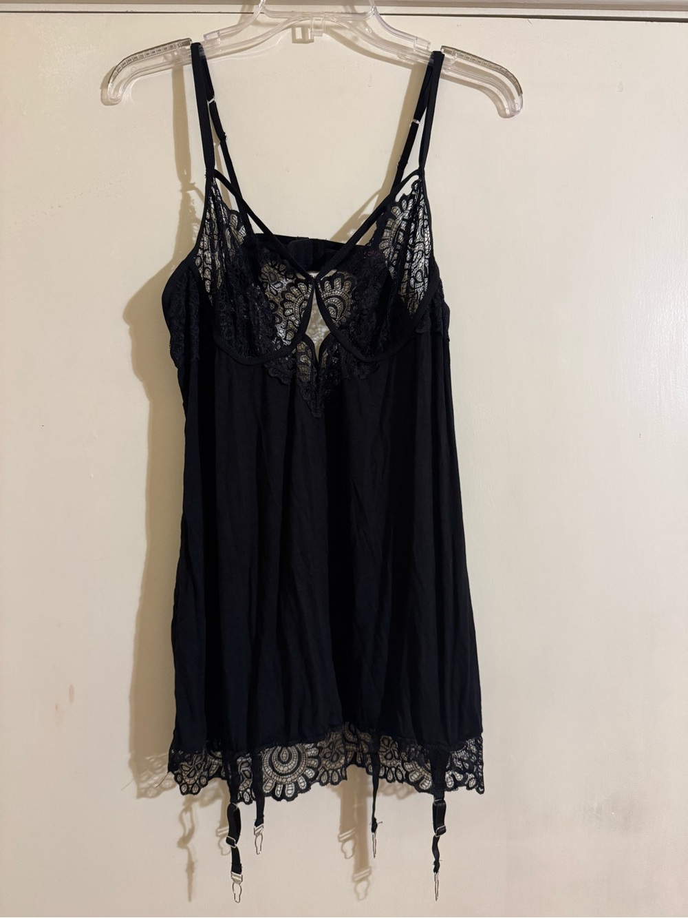 Black Lace-Trim Chemise Slip with Garter Straps